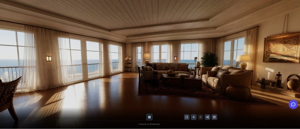 360° simulation of the furnished living room open in the Mix&Design Viewer
