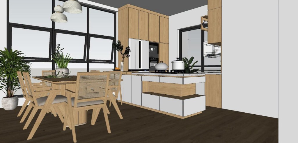 Render SketchUp de cocina-comedor con isla blanca, nevera y ventanal, punto de partida para Render 3D a foto en Mix&Design