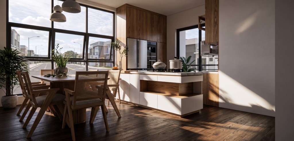 La misma cocina-comedor en fotografía realista con luz de atardecer y calle al fondo, generada con Mix&Design Render 3D a foto