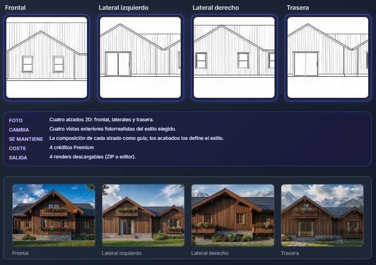 Mix&Design session: four 2D elevations above and four photoreal timber-chalet views below, plans to house