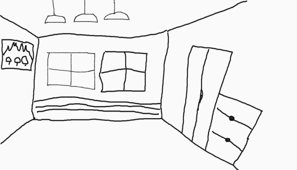 Freehand kitchen sketch with an island, two windows and three pendant lights, starting image in Mix&Design