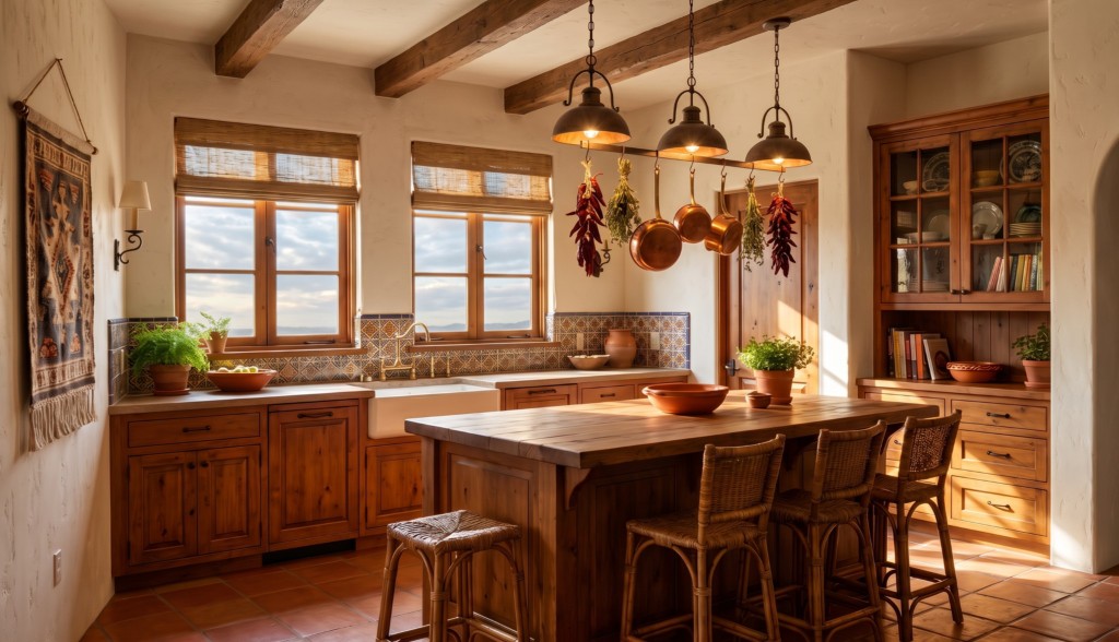 Photoreal Spanish kitchen generated from the sketch with Mix&Design: wood island, wicker stools and hanging lamps