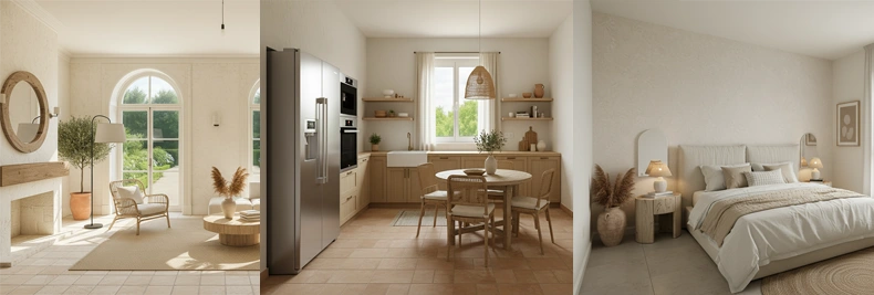 Living room, kitchen and bedroom of the same home in a unified warm style, Mix&Design decorate full house example