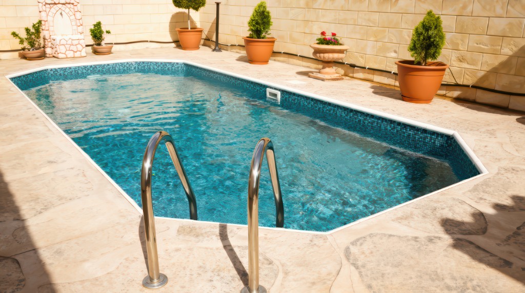 Pool with blue mosaic and dark water, starting photo for Mix&Design pool water color