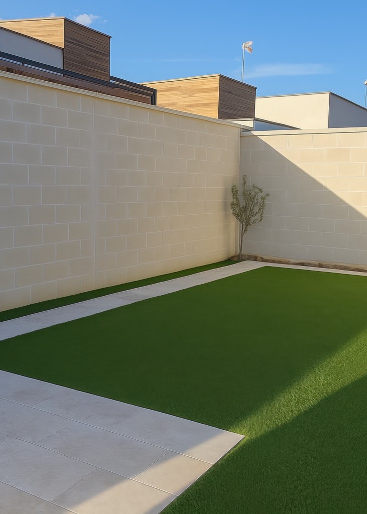 Courtyard with turf, light paving and block walls, starting photo for Mix&Design copy pool style