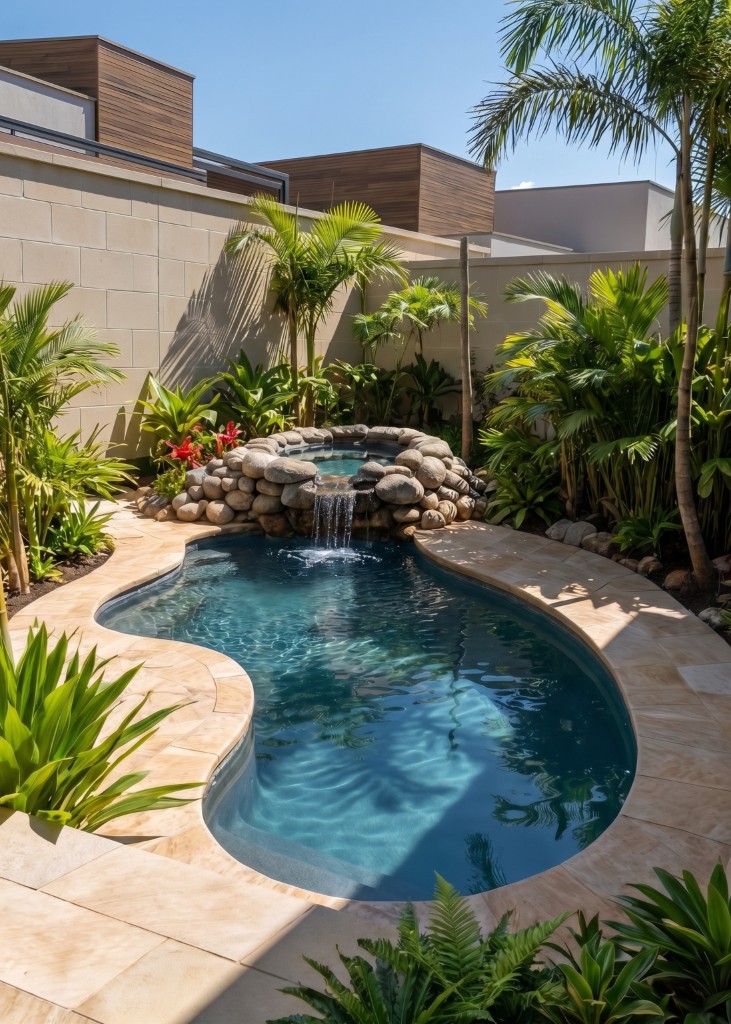 The same courtyard with an organic pool, stone waterfall and palms, generated with Mix&Design