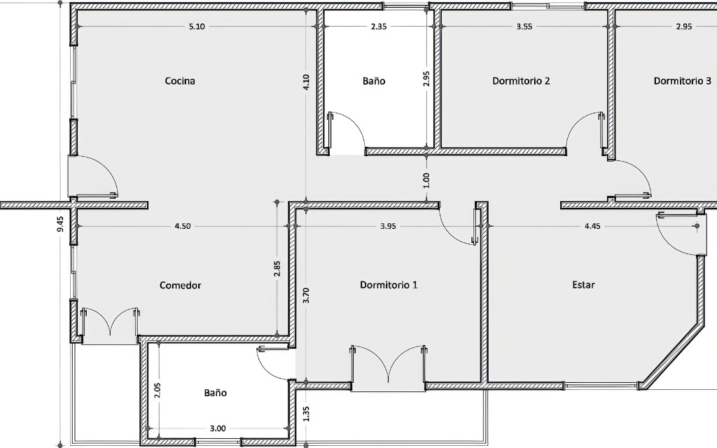 Dimensioned house floor plan with kitchen, dining, living, three bedrooms and two bathrooms, generated with create house plan in Mix&Design