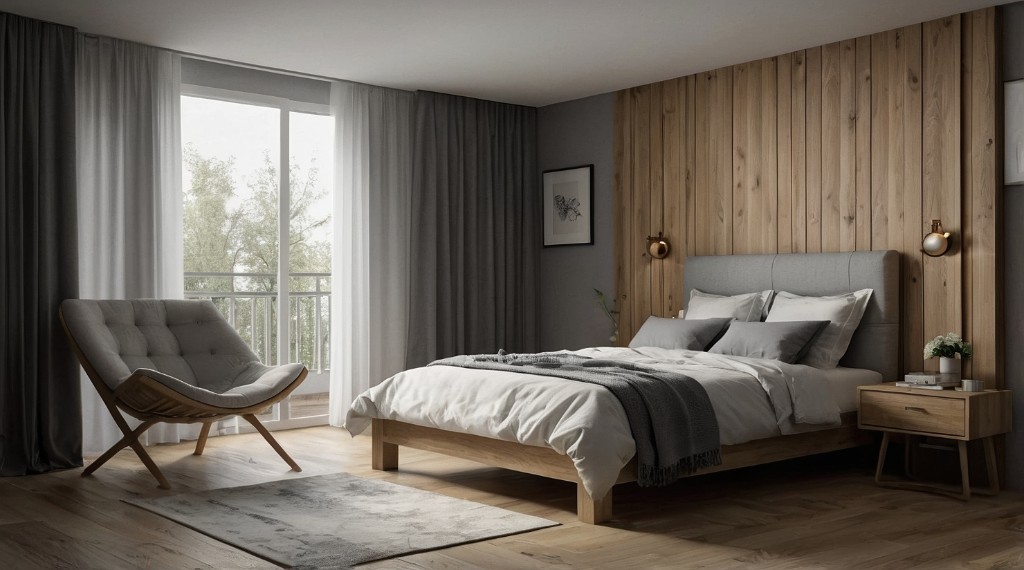 Bedroom with bed, nightstand and armchair by the window, starting photo for Mix&Design object remover