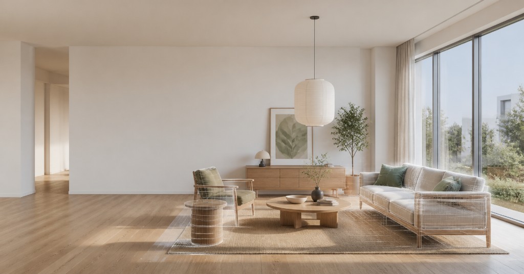 Contemporary living room with an empty white wall, a light sofa and a window wall, starting photo for Mix&Design Art Generator