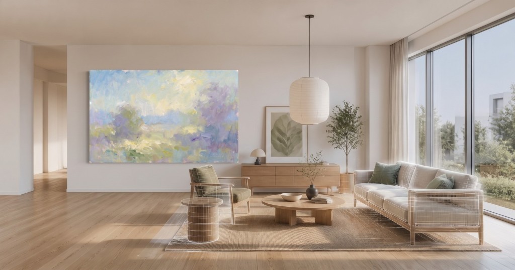 The same living room with an impressionist landscape hanging on the wall, generated with Mix&Design Art Generator