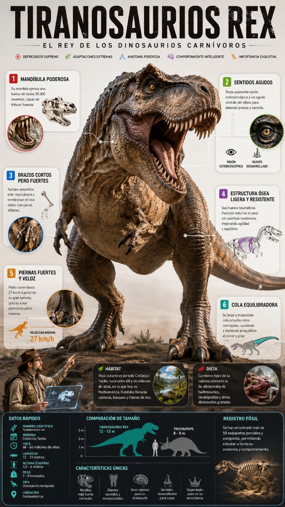 Infografía Mix&Design del Tiranosaurio rex con bloques de anatomía, hábitat y ficha de datos, generada con creación de infografías