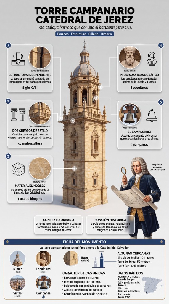 Infografía Mix&Design de la torre campanario de la Catedral de Jerez con estructura, campanas y ficha del monumento, generada con creación de infografías
