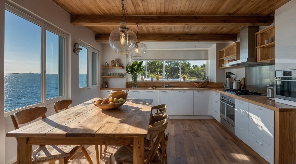 Kitchen with white walls and cabinets and sea views, starting photo for Mix&Design paint walls