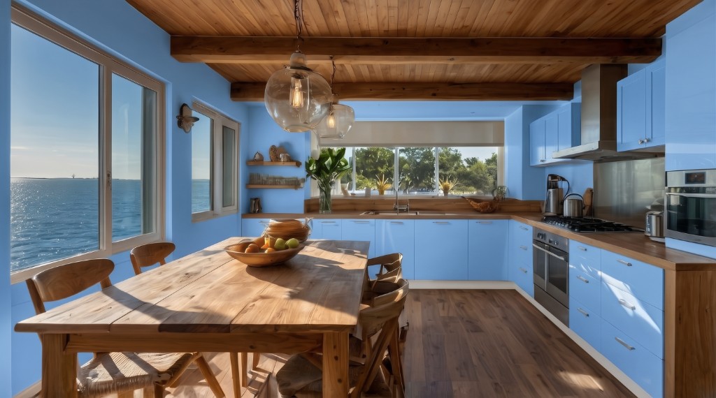 The same kitchen with serene-blue walls and cabinets, generated with Mix&Design