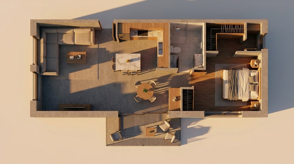 3D layout view generated from the 2D floor plan with Mix&Design