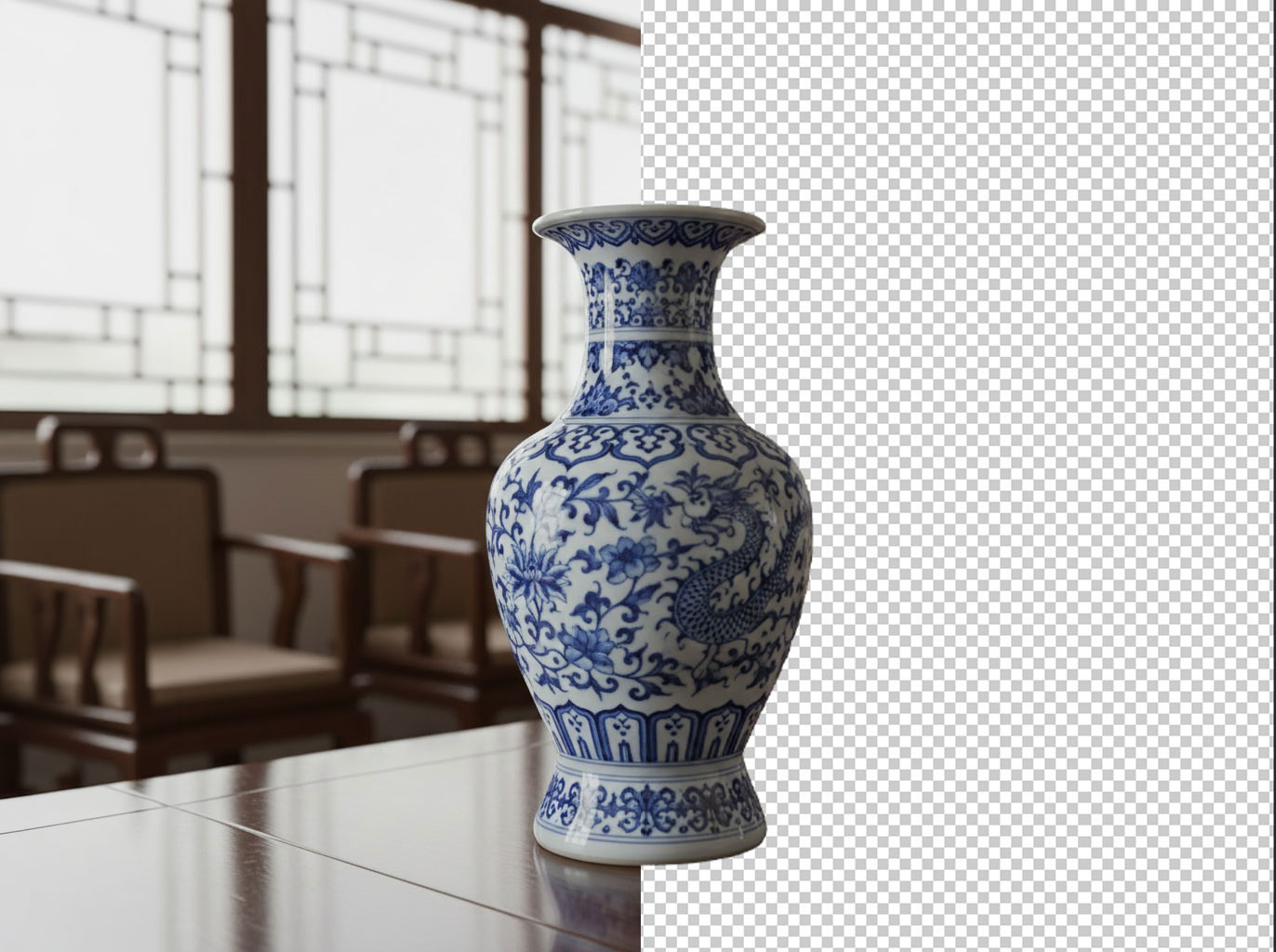 Blue-and-white Chinese vase: half with the original background and half cut out on transparency, Mix&Design remove-background example