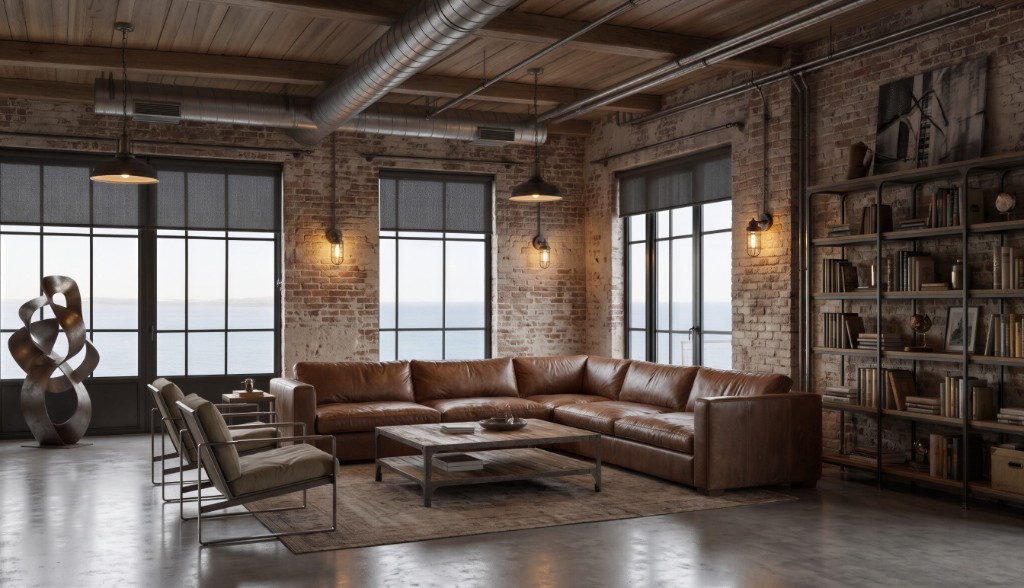 The same volume as an industrial loft with a leather sofa, exposed brick and openings to the water, generated with Mix&Design luxury renders
