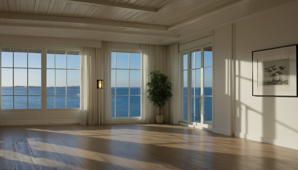 Empty living room with sea-view windows, starting photo for Mix&Design virtual staging