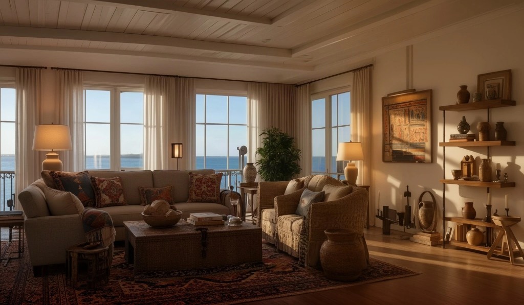The same living room furnished with Mediterranean virtual staging in Mix&Design