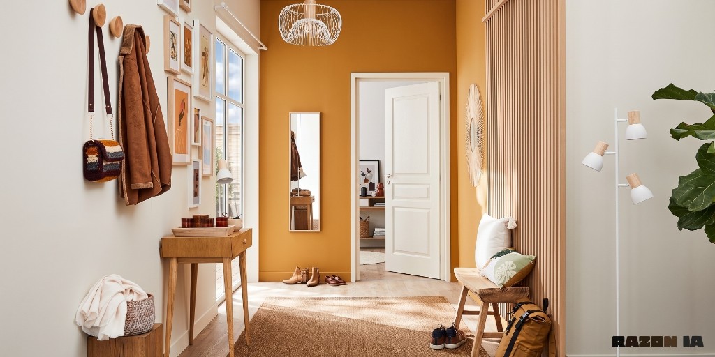 The same hall with the door open to the interior and more light in the window, generated with Mix&Design edit several zones