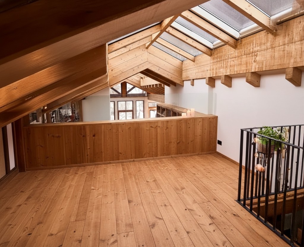 Timber attic with skylight and wood floor, starting photo for Mix&Design AI Magic Wand