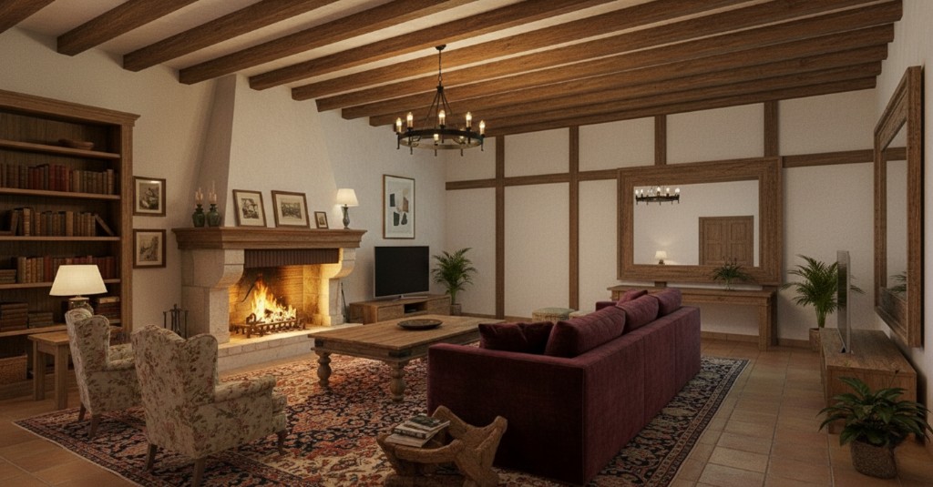 Rustic living room with a fireplace, timber beams and a burgundy sofa, starting photo for Mix&Design aquatic vision