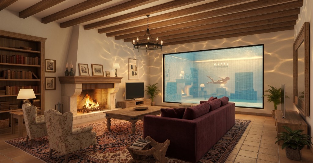 The same living room with an underwater window, caustics and a swimmer, generated with Mix&Design